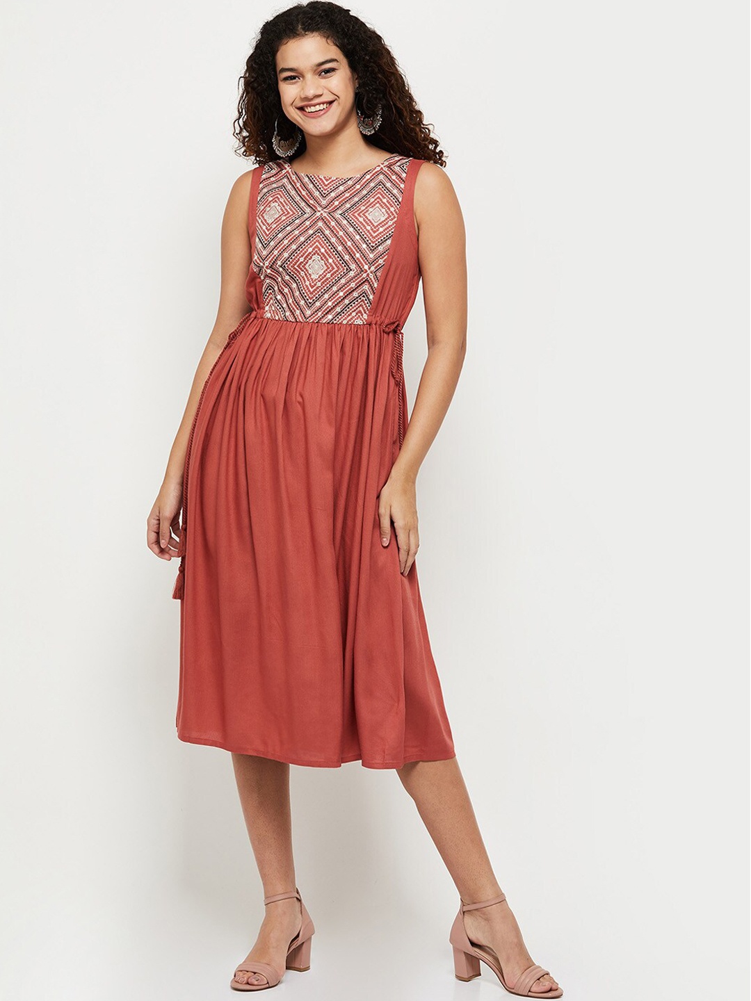 

max Women Rust Orange Embroidered Flared Ethnic Dress