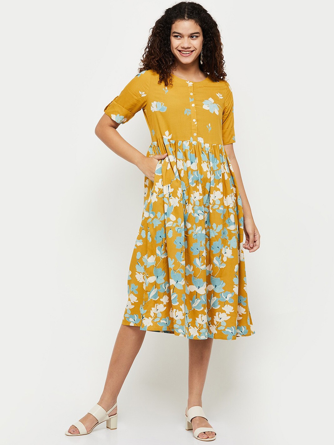 

max Women Yellow Printed Pure Rayon Ethnic Dresses, Mustard