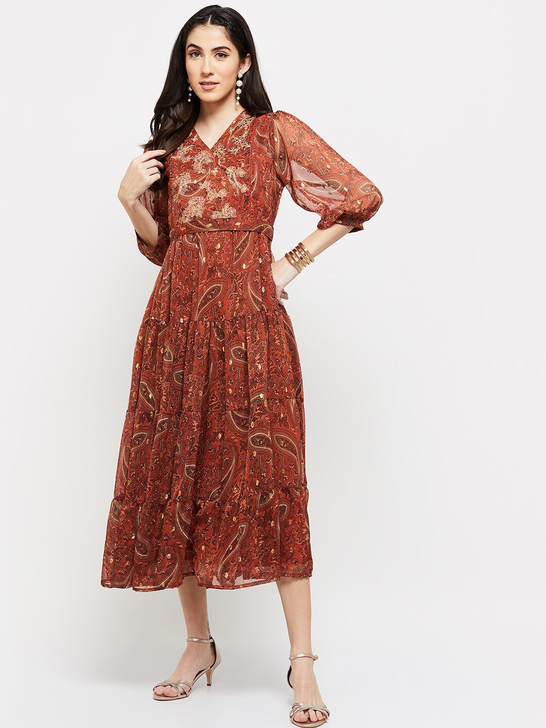 

max Women Plus Size Printed Midi Length Ethnic Dress, Rust