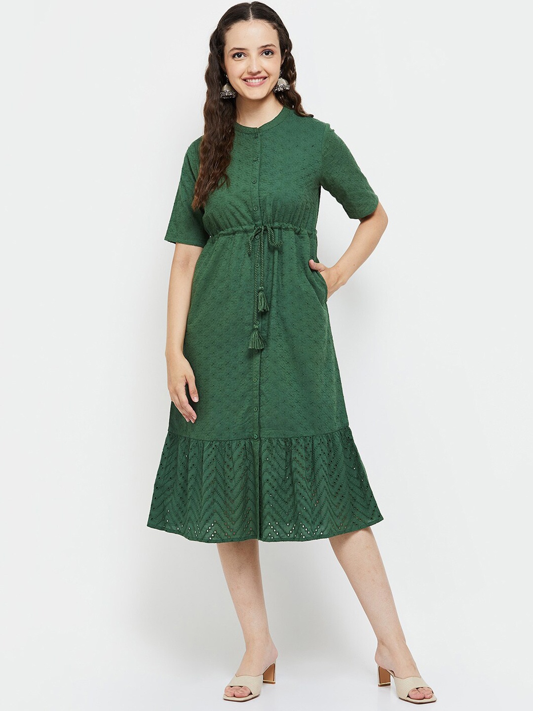 

max Women Self-Design Cotton Flared Midi Ethnic Dresses, Green