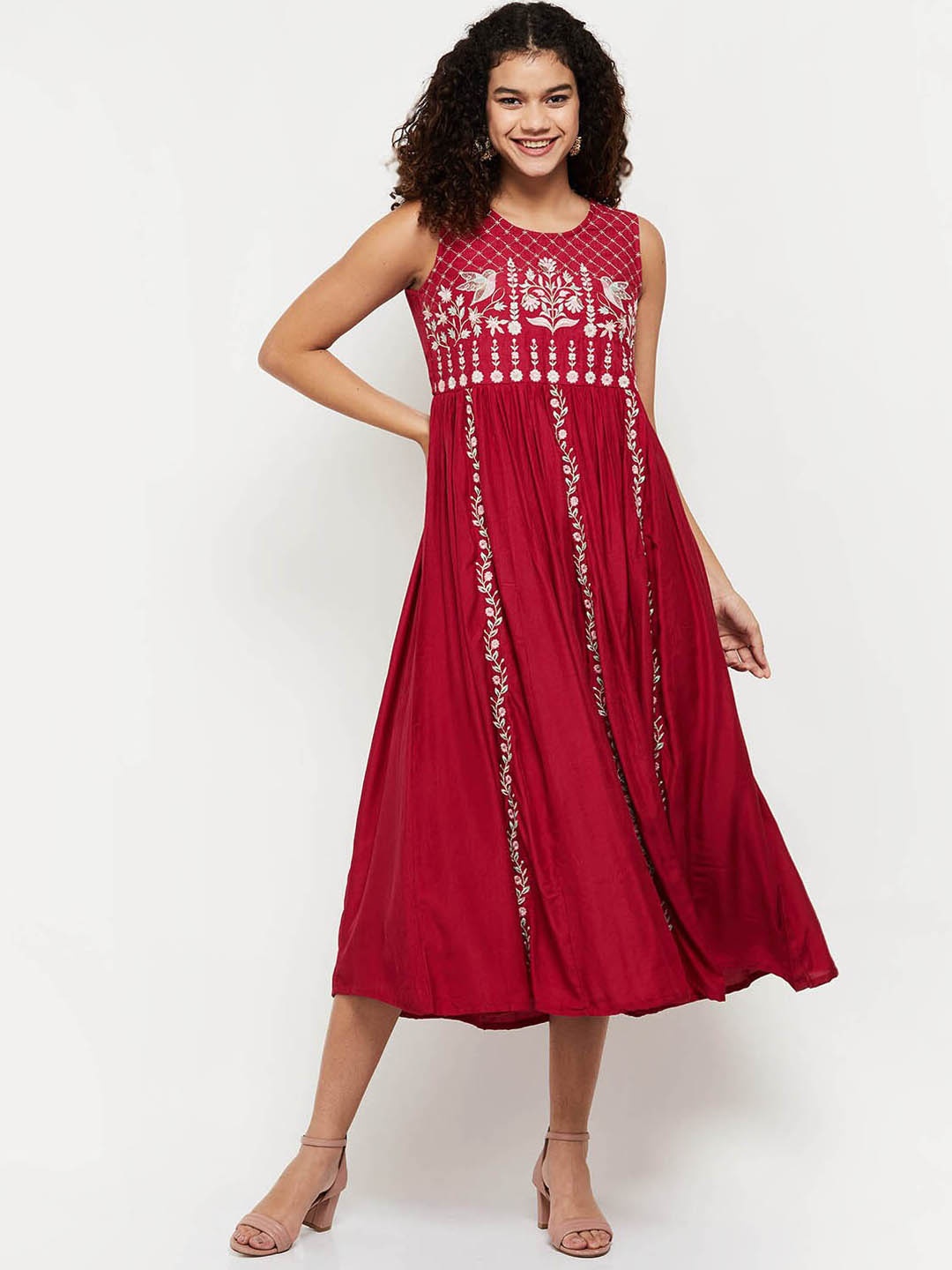 

max Women Embroidered Fit & Flare Cotton Ethnic Dress, Maroon