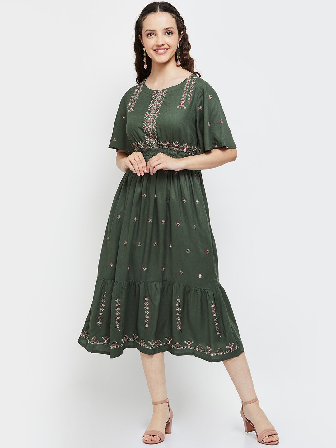

max Women Printed Pure Rayon Ethnic Dresses, Green