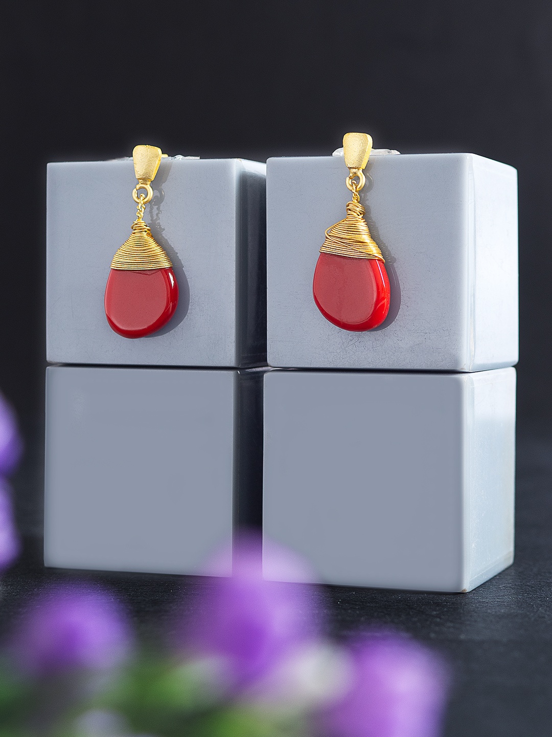 

Golden Peacock Red & Gold-Toned Stone-Studded Teardrop Shaped Drop Earrings