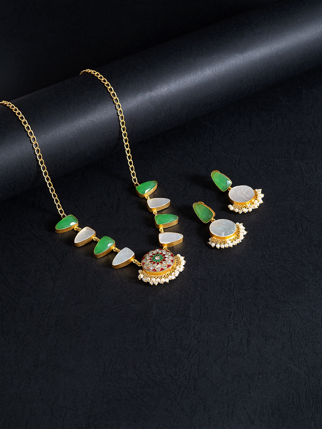 

Golden Peacock Gold-Toned & Green Mother Of Pearls Stones Studded Meenakari Jewellery Set