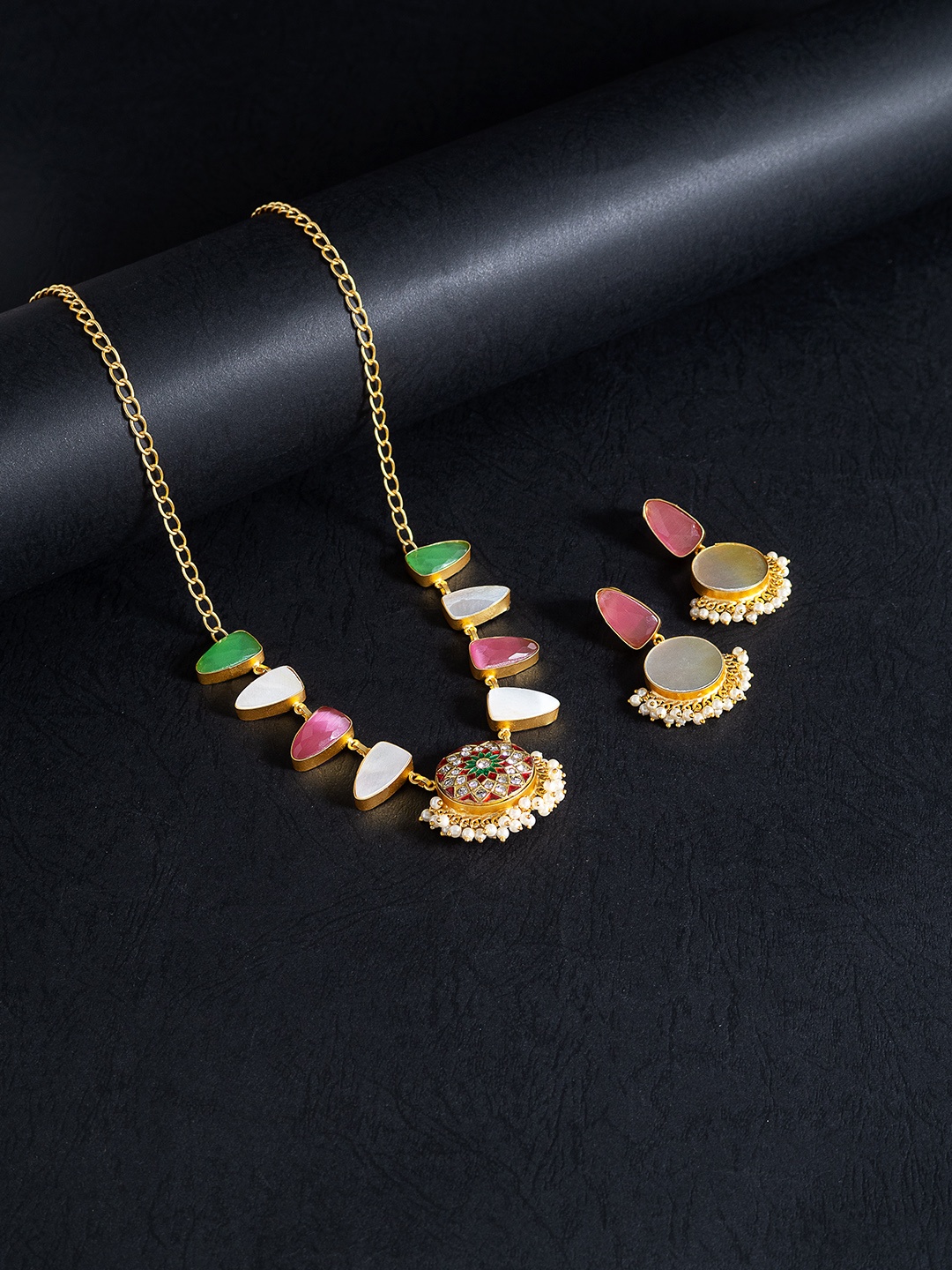 

Golden Peacock Gold-Toned & Pink Mother Of Pearls Stones Studded Meenakari Jewellery Set