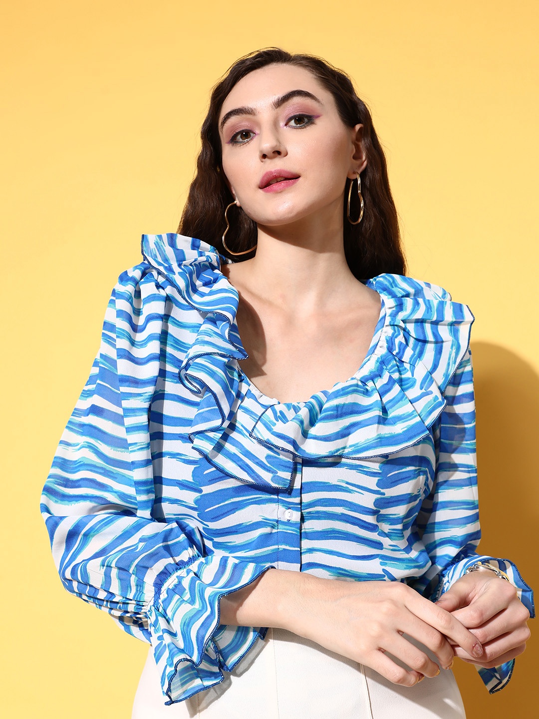 

plusS Women Horizontal Stripes Printed Casual Shirt, White