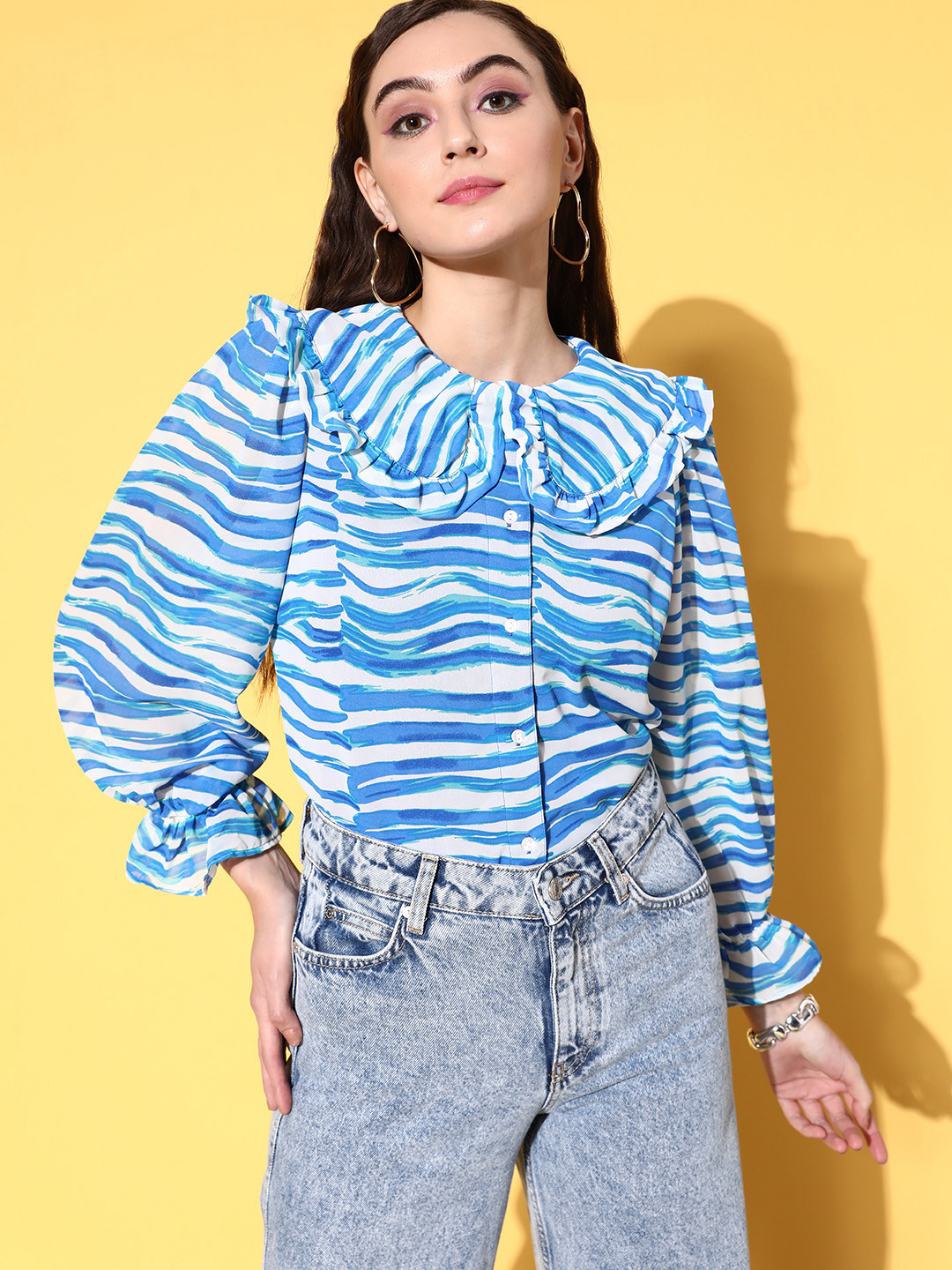 

plusS Women Horizontal Stripes Printed Casual Shirt, White