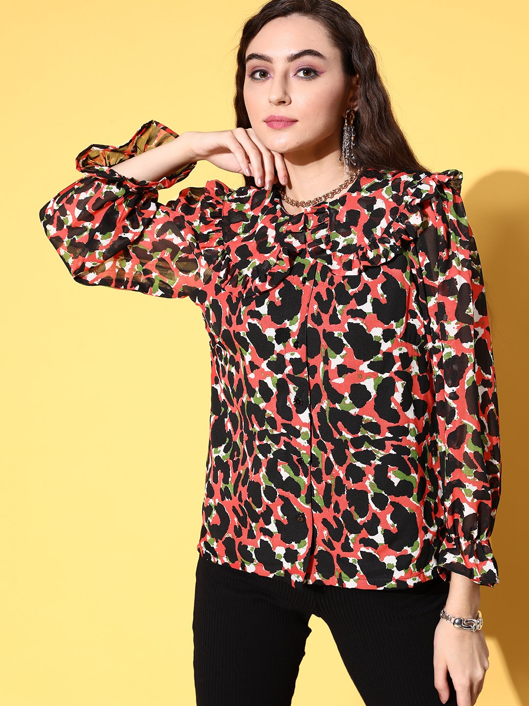 

plusS Women Abstract Printed Casual Shirt, Orange