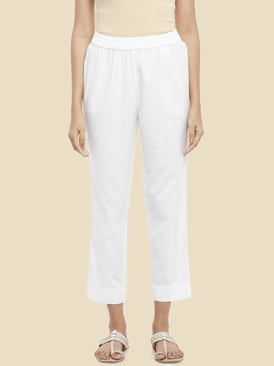 

RANGMANCH BY PANTALOONS Women Solid Trousers, White