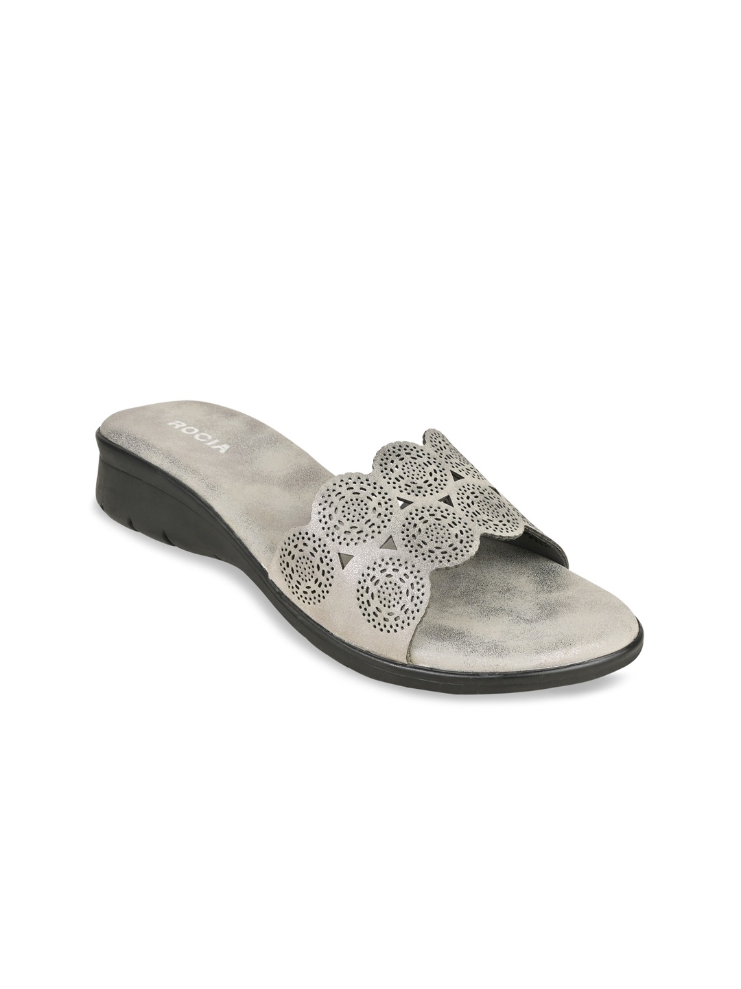 

Rocia Women Grey Textured Open Toe Flats with Laser Cuts