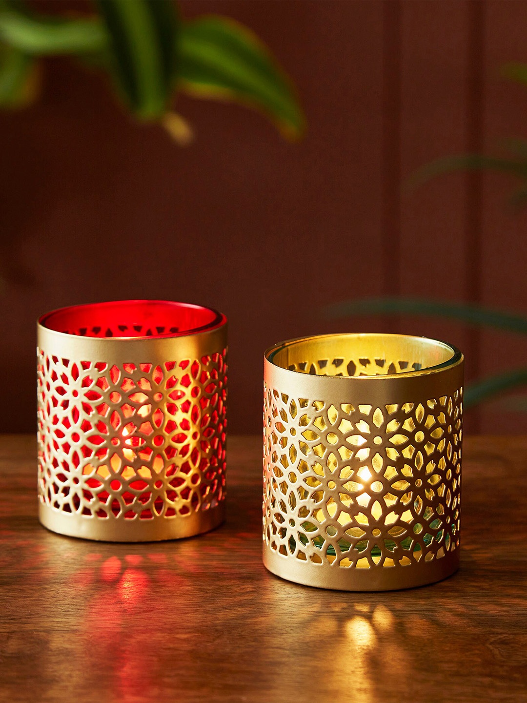 

Home Centre Set Of 2 Gold-Toned Textured Cutwork Votive Candle Holders