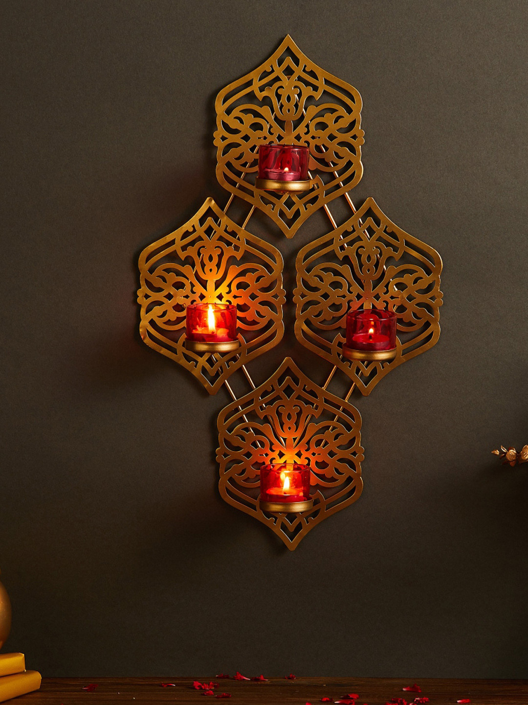 

Home Centre Set Of 4 Gold-Colored & Red Solid T-Light Candle Holders