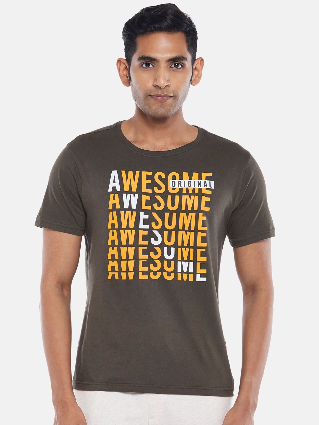 

Ajile by Pantaloons Men Typography Printed Slim Fit Cotton T-shirt, Olive