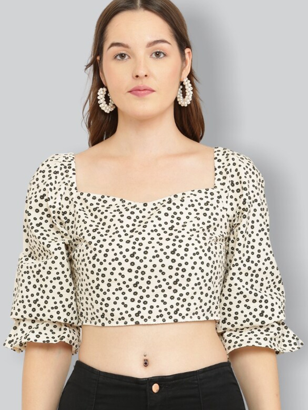 

The Label Bar Floral Print Puff Sleeve Crop Top, Cream