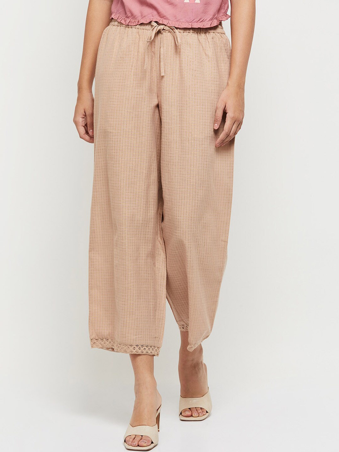

max Women Peach-Coloured Checked Loose Fit Easy Wash Culottes Trousers