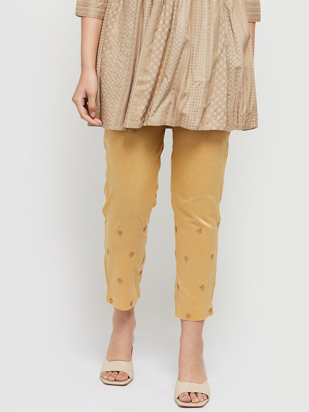 

max Women Golden Ethnic Motifs Embroidered Trouser, Gold