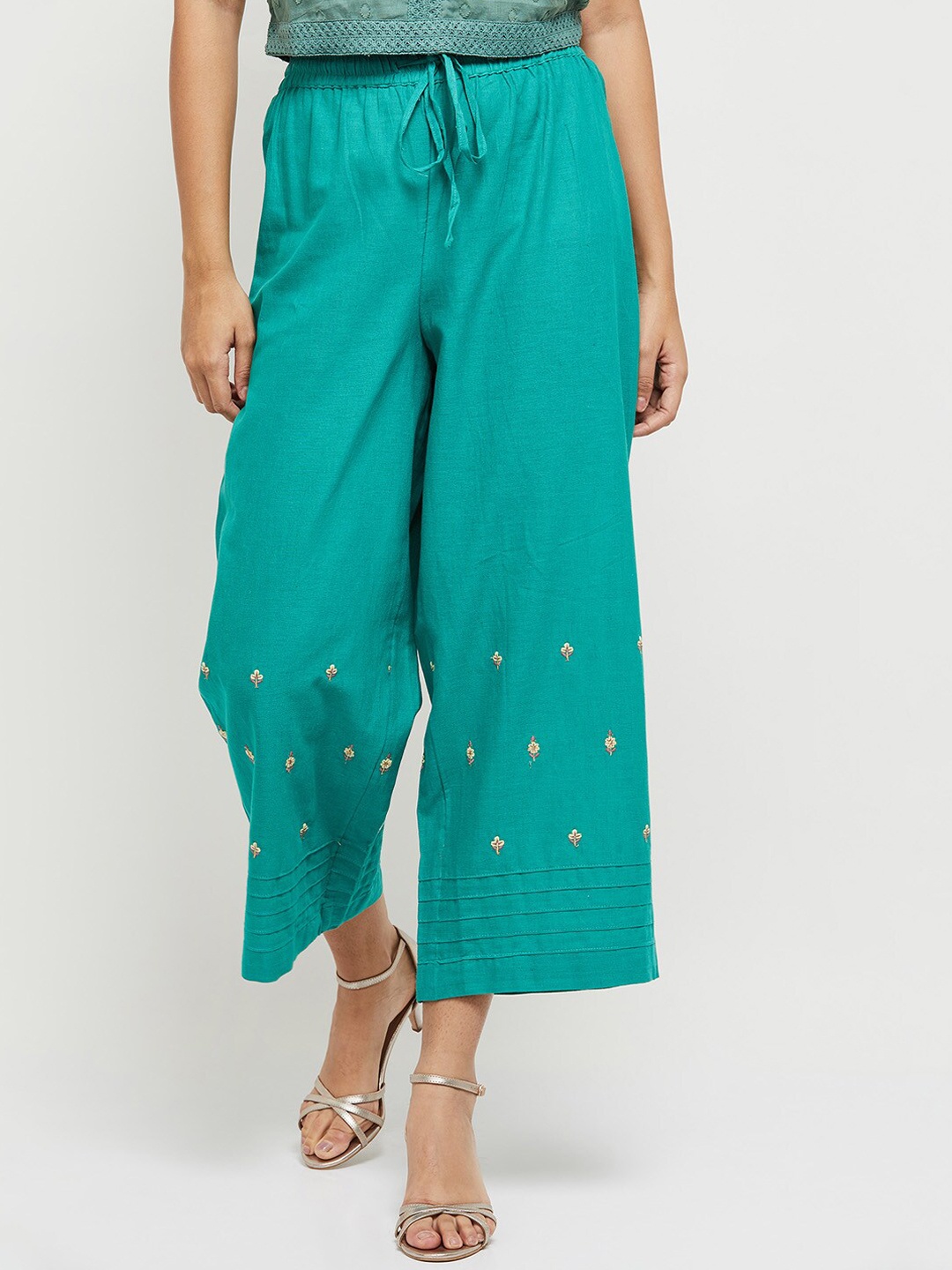 

max Women Blue & Golden Ethnic Motifs Embroidered Flared Ethnic Palazzos