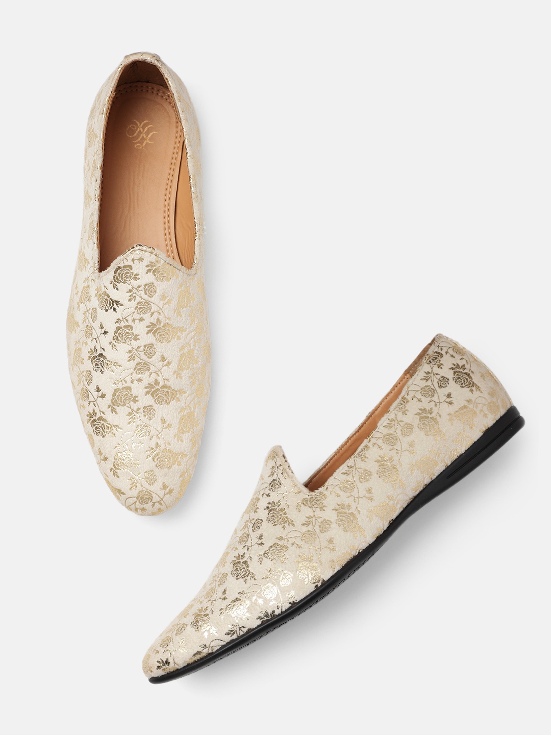 

House of Pataudi Men Printed Loafer Style Mojaris, Beige