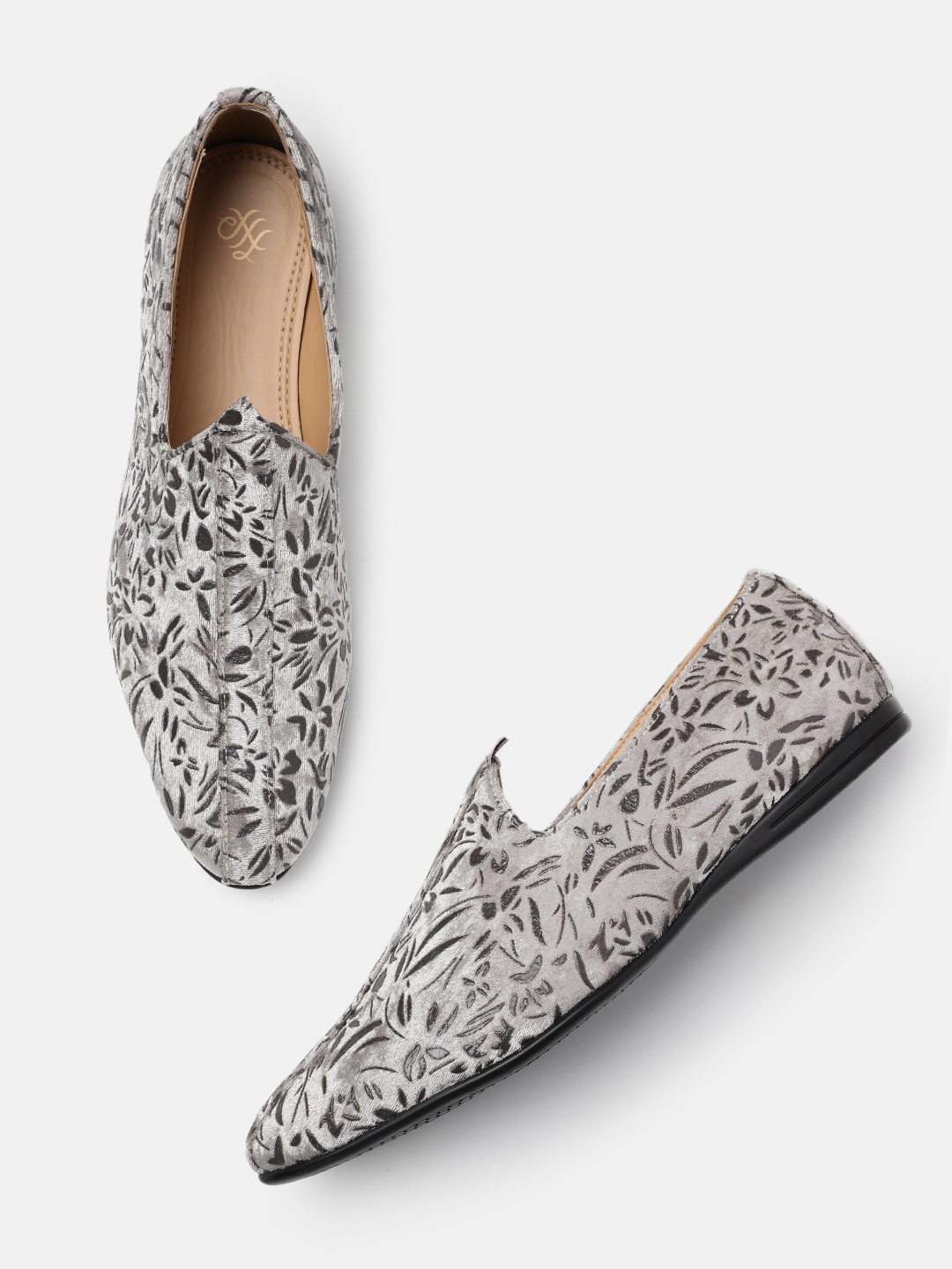 

House of Pataudi Men Printed Loafer Style Mojaris, Grey