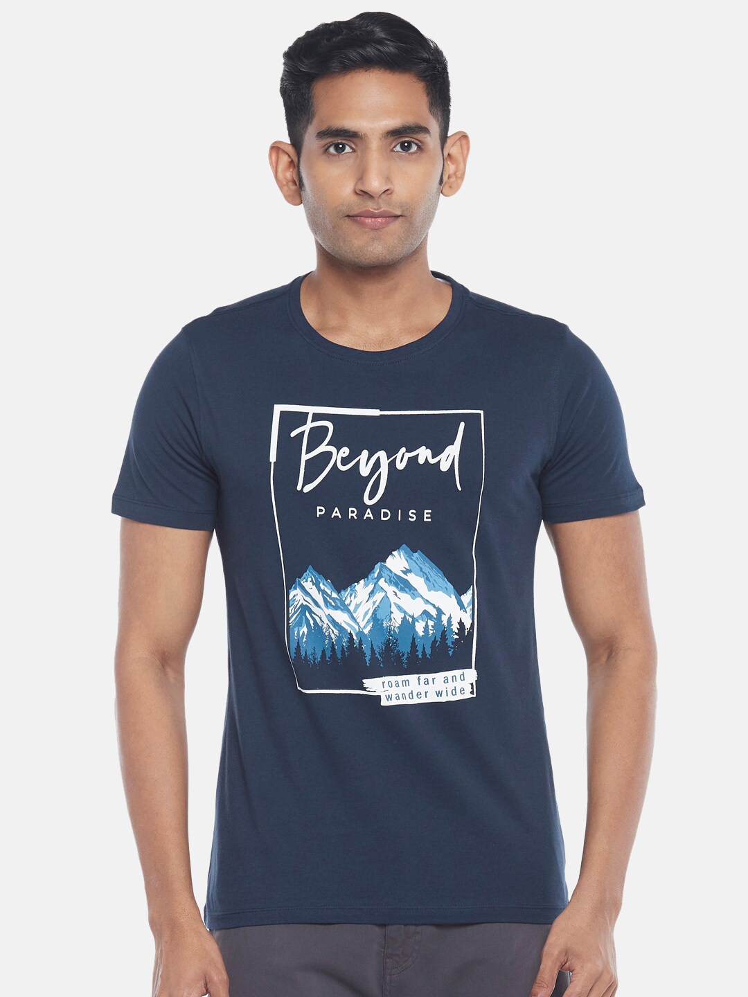 

Urban Ranger by pantaloons Men Printed Slim Fit Cotton T-shirt, Navy blue