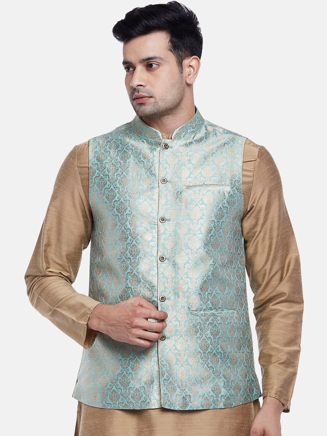 

indus route by Pantaloons Men Turquoise Blue Woven Design Nehru Jacket