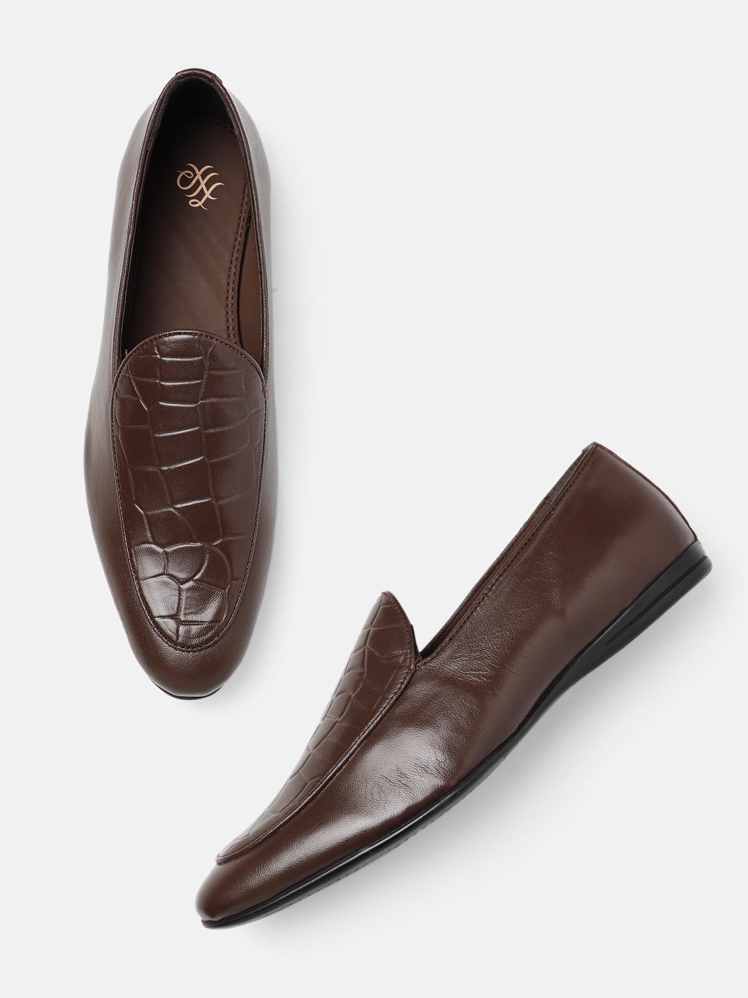 

House of Pataudi Men Textured Formal Slip-Ons, Brown