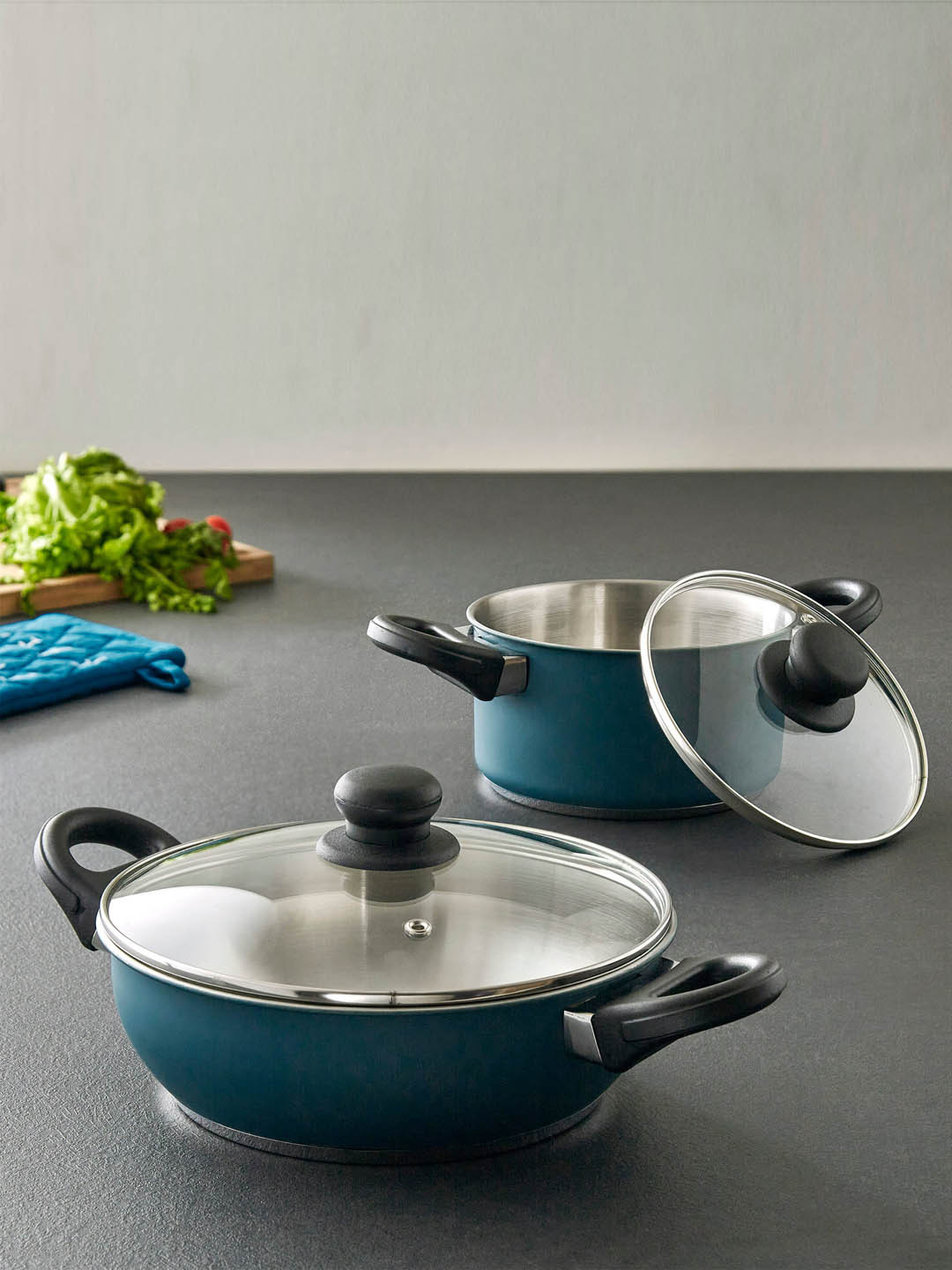 

Home Centre Blue Set Of 2 Solid Round Stainless Steel Cookware Set