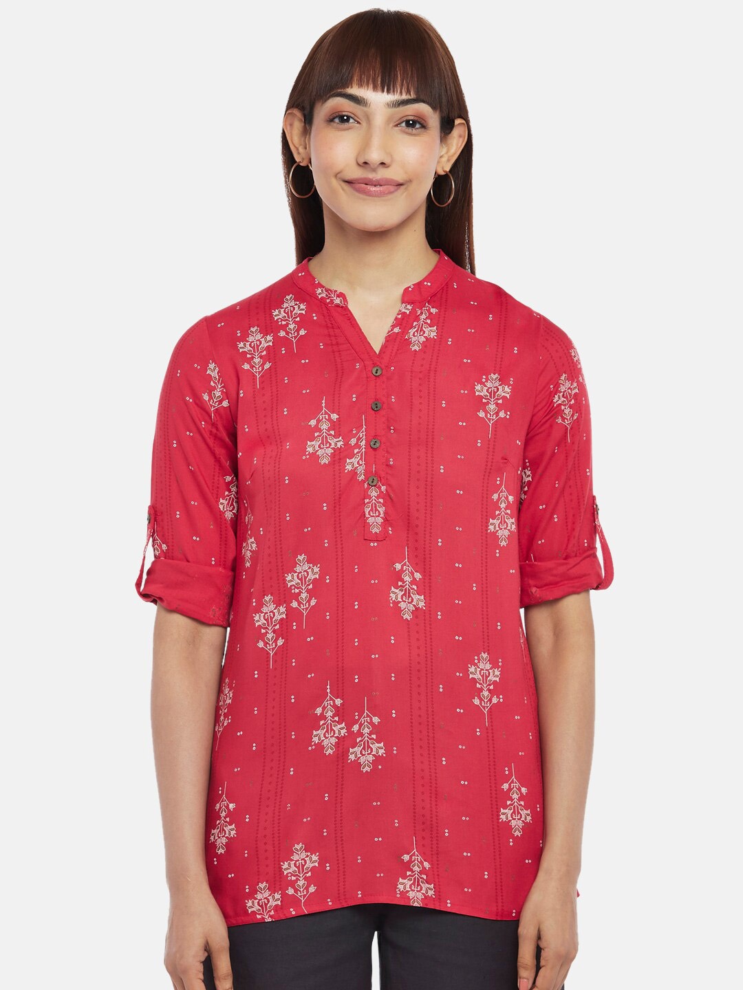 

AKKRITI BY PANTALOONS Women Floral Printed Mandarin Collar Tunic, Coral