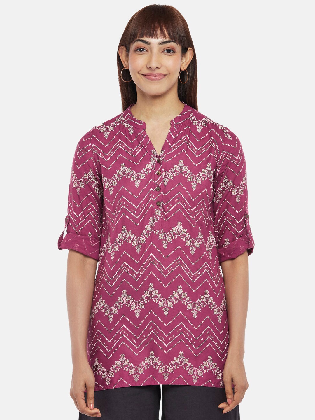 

AKKRITI BY PANTALOONS Women Floral Printed Mandarin Collar Tunic, Burgundy