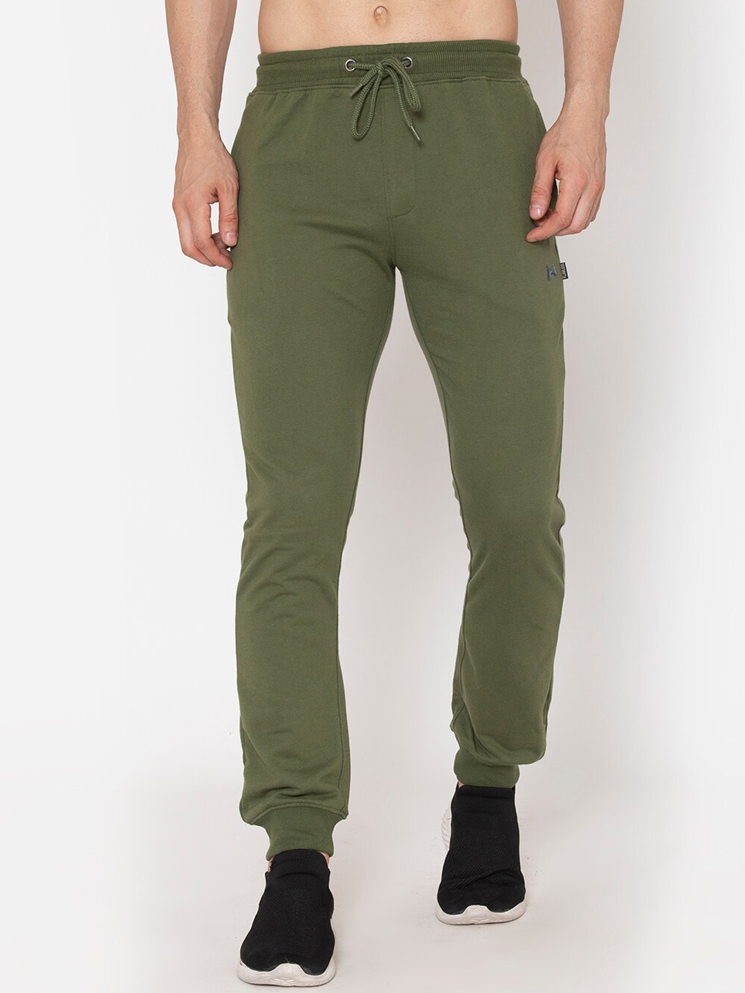 

FLAWLESS Men Solid Cotton Relaxed-Fit Joggers, Olive