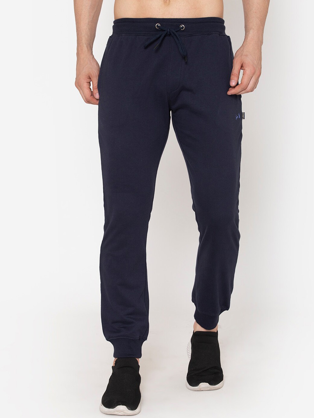 

FLAWLESS Men Solid Cotton Relaxed-Fit Joggers, Navy blue