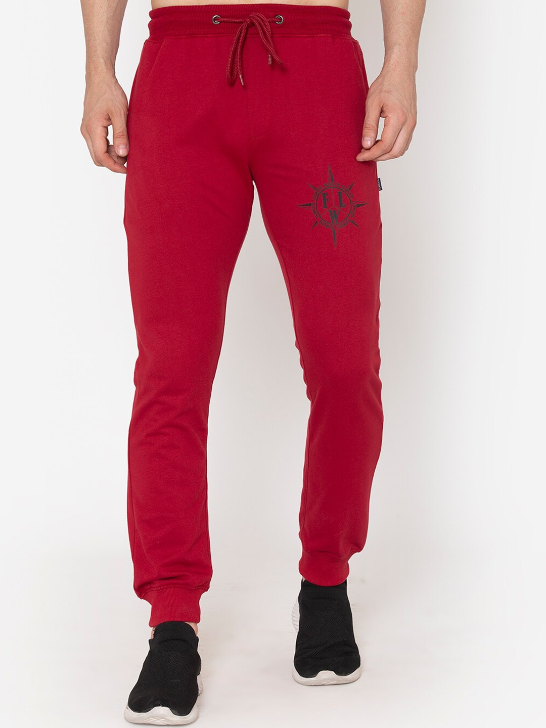 

FLAWLESS Men Printed Relaxed-Fit Cotton Joggers, Red
