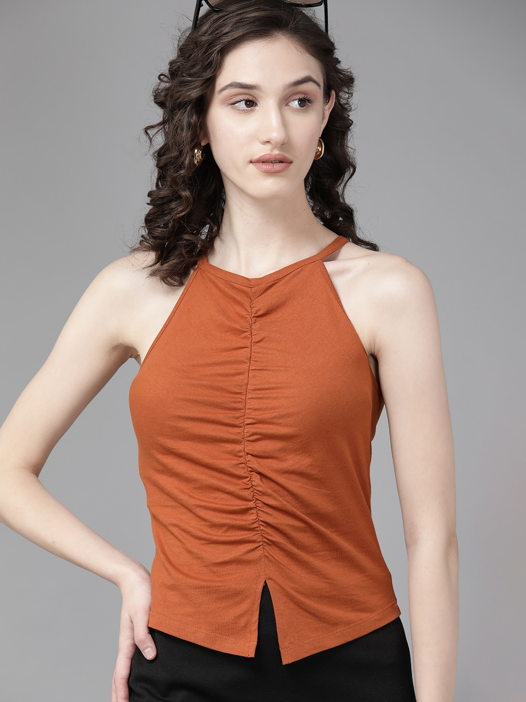 

The Roadster Lifestyle Co. Rust Orange Ruched Top with Slit Detail