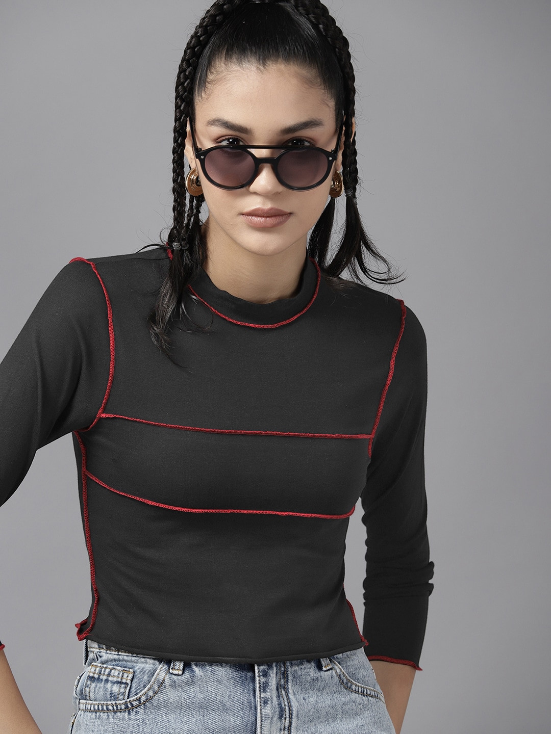 

The Roadster Lifestyle Co. Women Striped Contrast Stitch Crop Top, Black