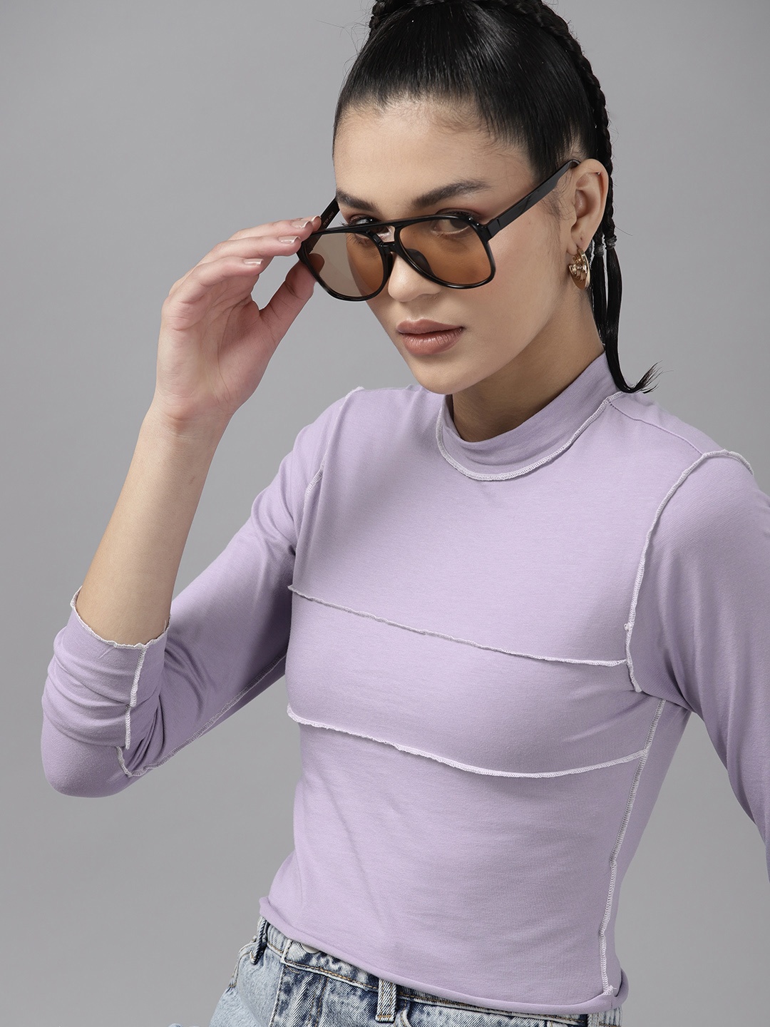 

The Roadster Lifestyle Co. Women Striped Contrast Stitch Crop Top, Lavender