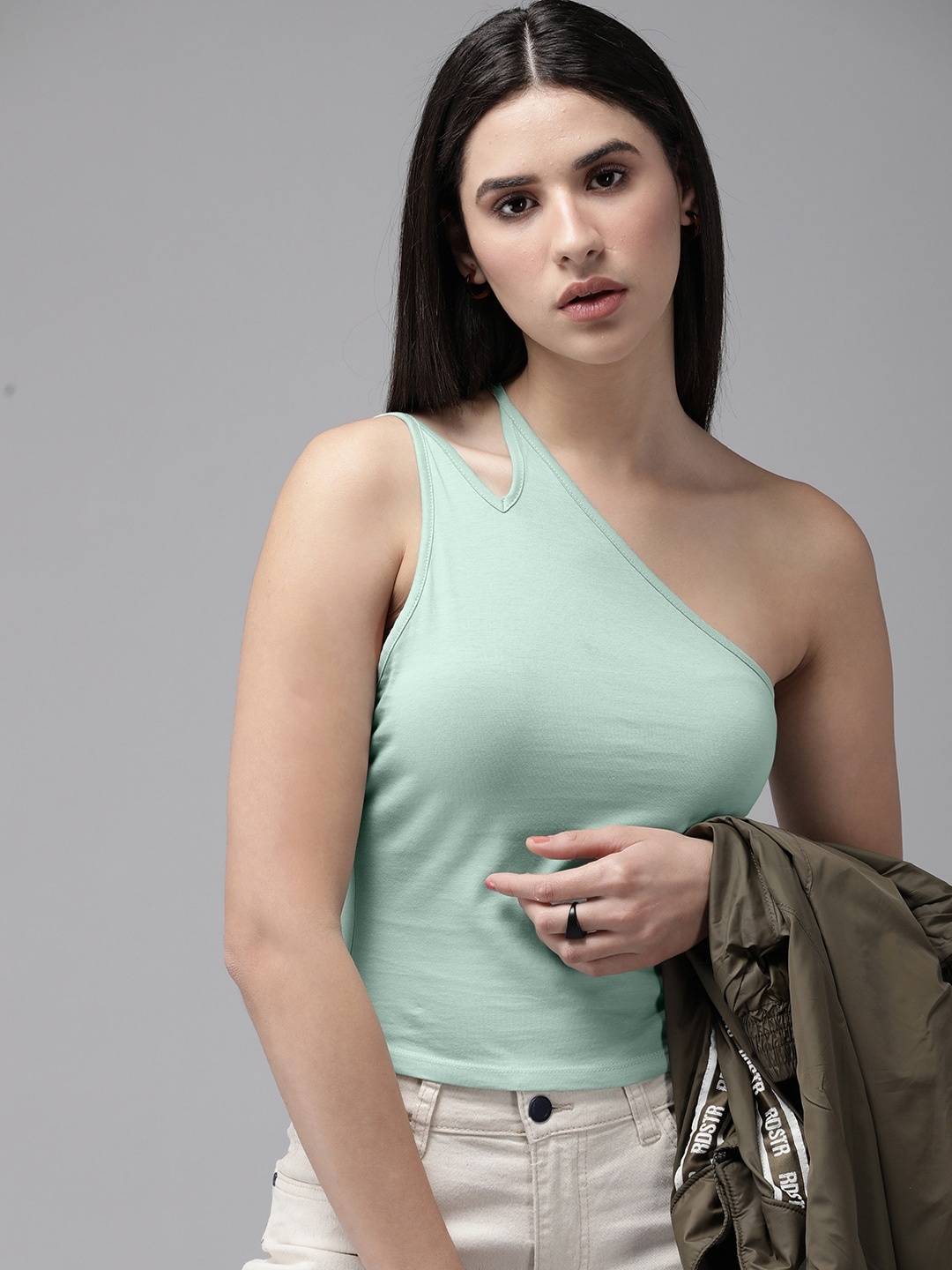 

The Roadster Lifestyle Co. One Shoulder Fitted Crop Top, Green