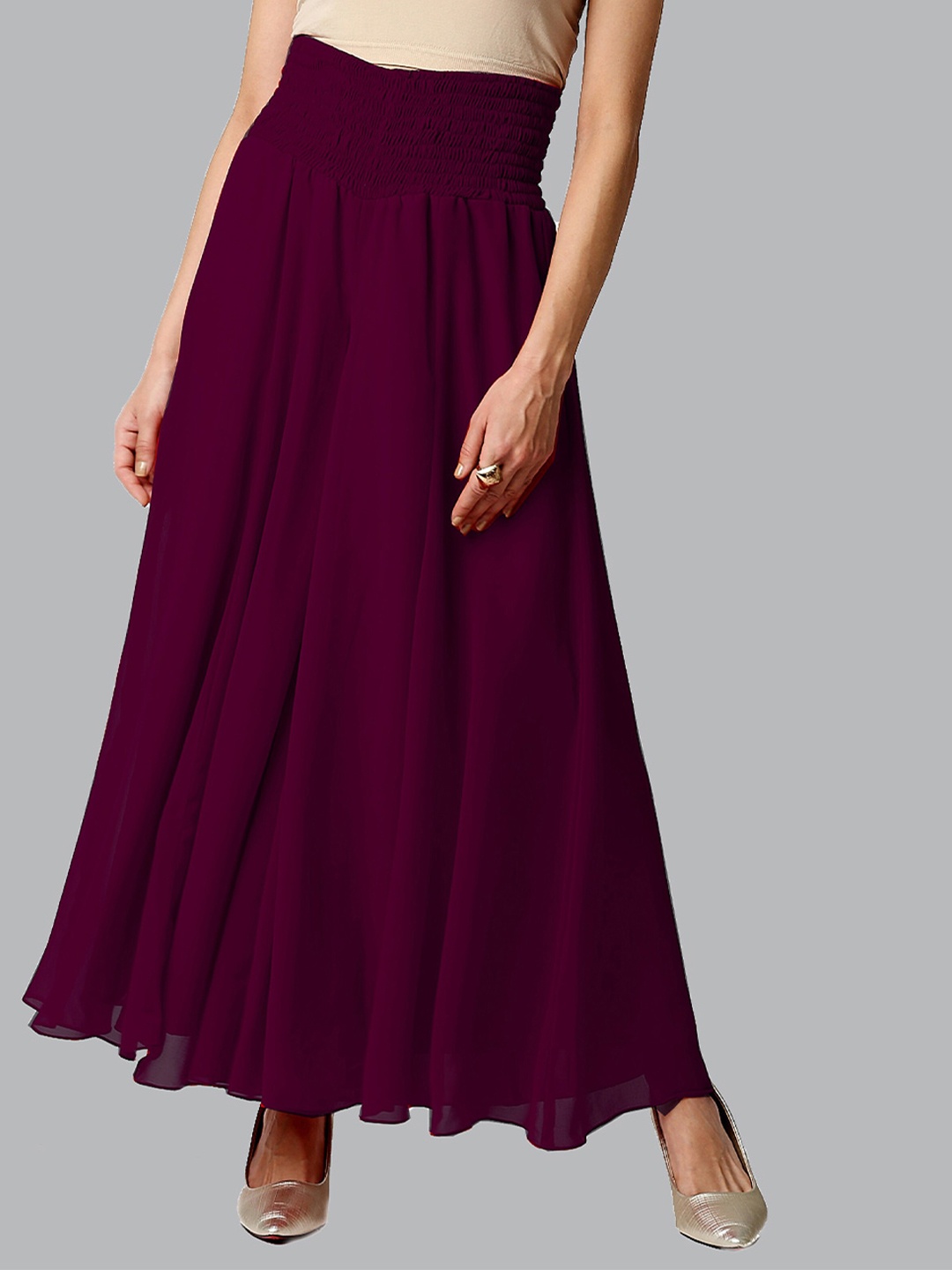 

Ira Soleil Women Burgundy Solid Flared Chiffon Palazzos