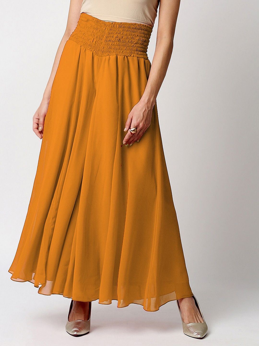 

Ira Soleil Women Mustard Yellow Solid Flared Chiffon Palazzos