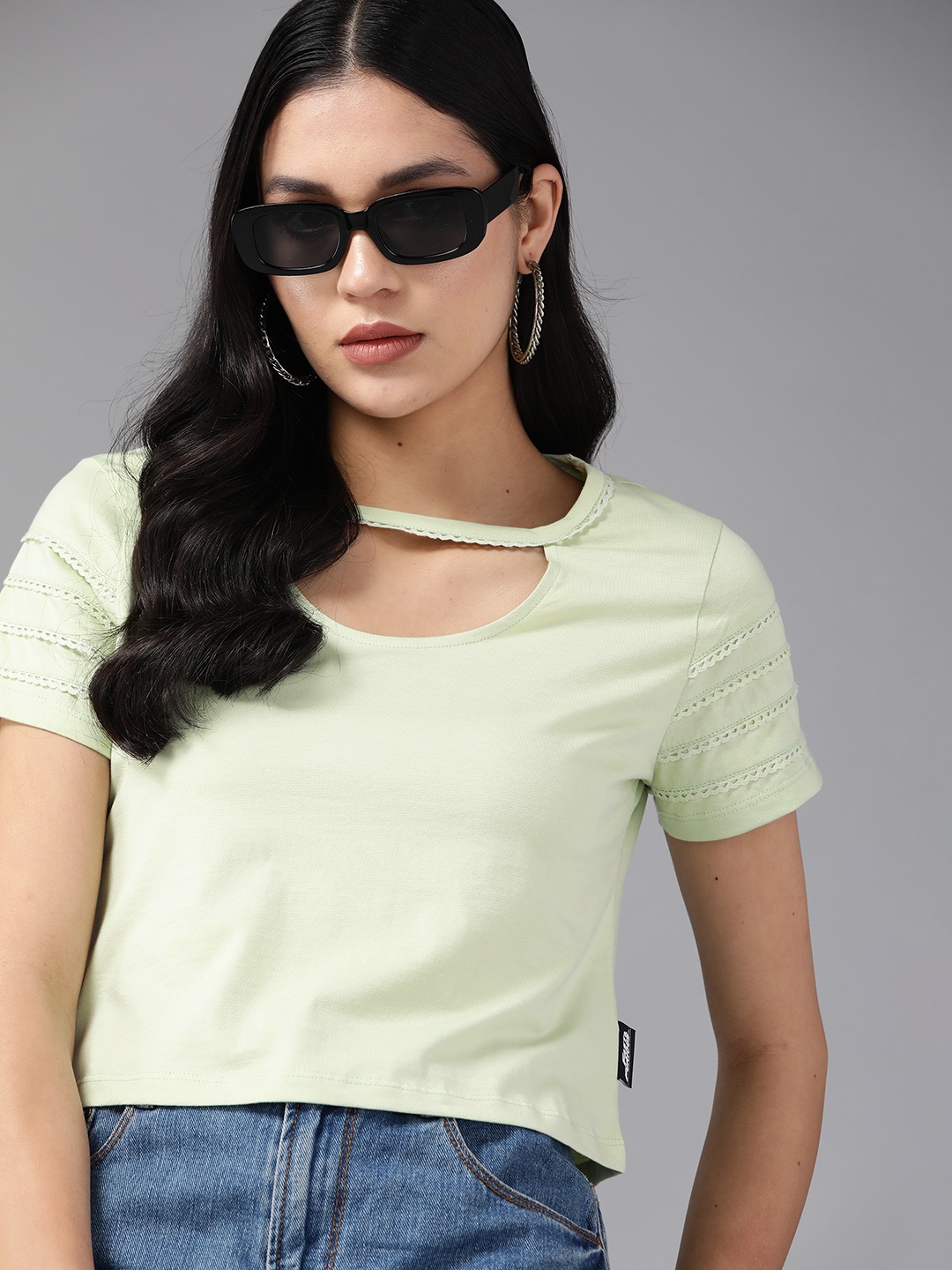 

The Roadster Lifestyle Co. Lace & Cutout Insert Detail Round Neck Crop T-shirt, Lime green