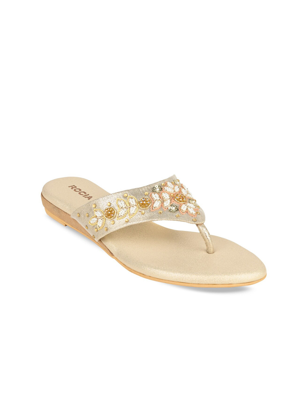 

Rocia Women Ethnic T-Strap Flats with Embroidered, Gold