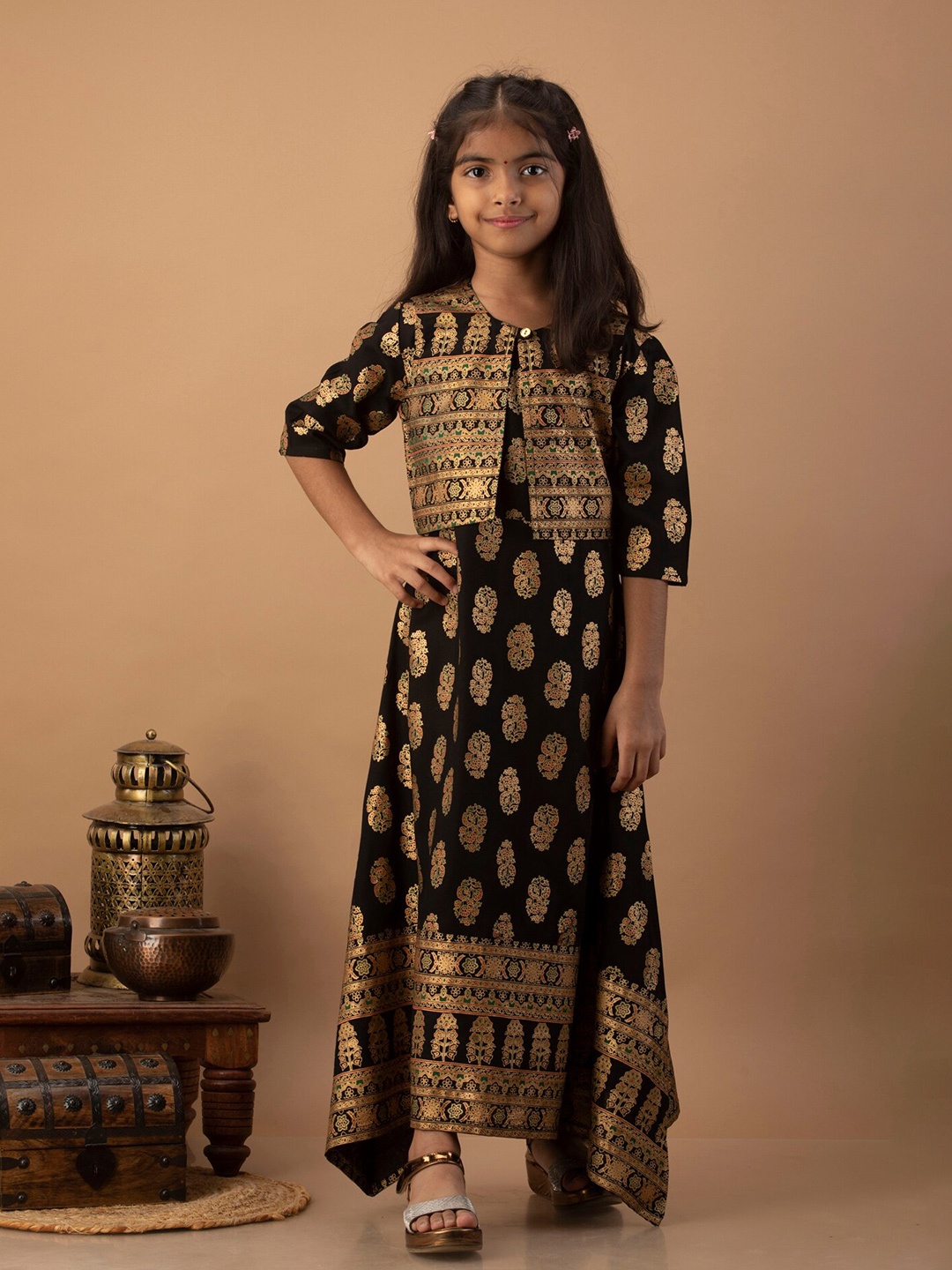 

misbis Girls Black Ethnic Motifs A-Line Maxi Dress