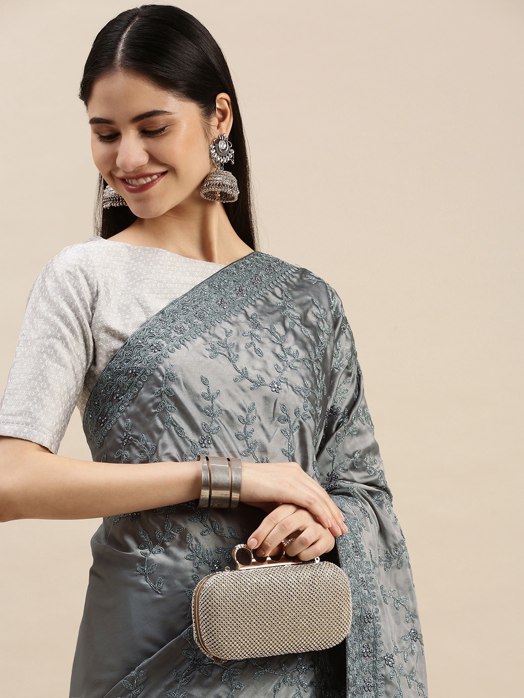 

Pothys Grey Ethnic Motifs Embroidered Pure Chiffon Saree