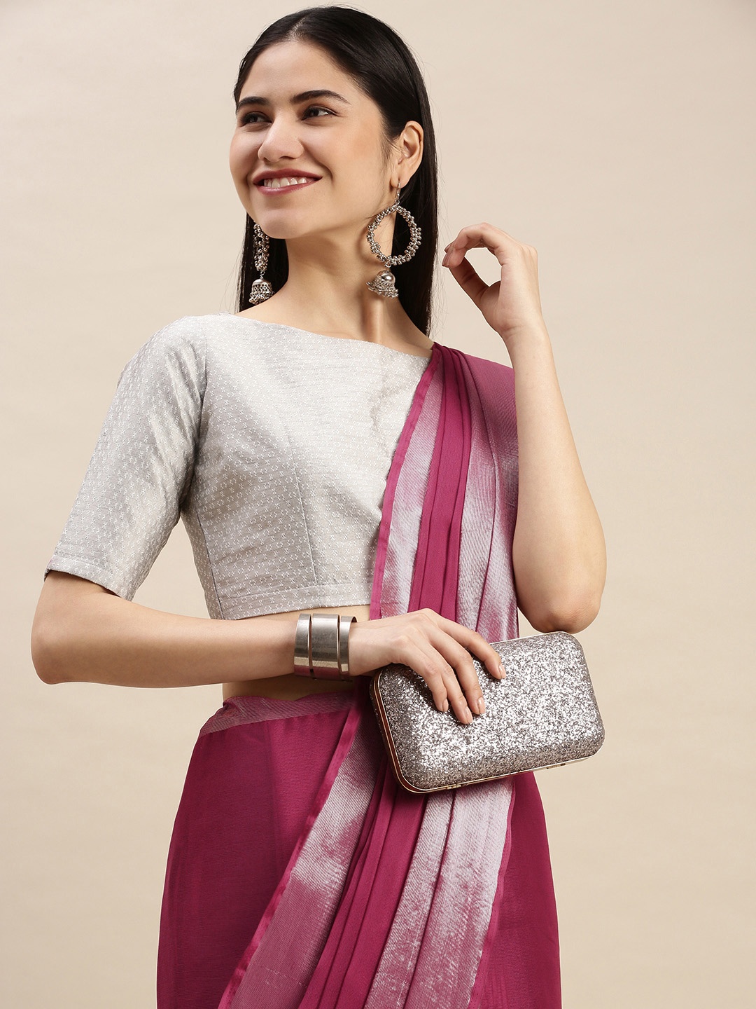 

Pothys Pink Pure Chiffon Solid Saree