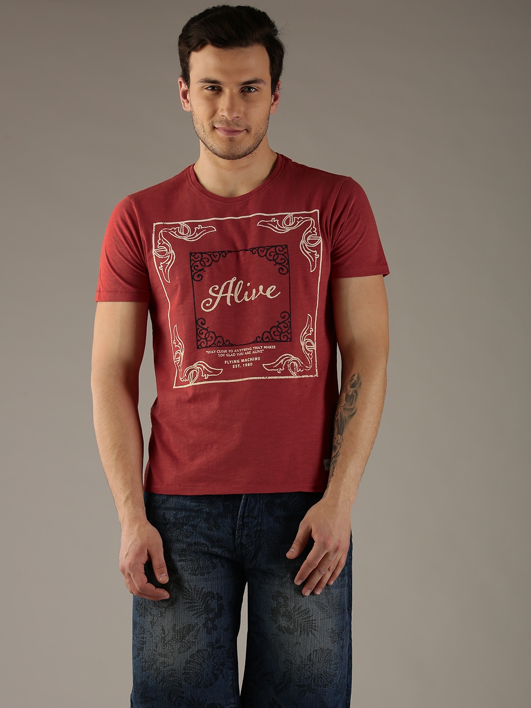 

Flying Machine Men Rust Orange Printed Round Neck Pure Cotton T-shirt