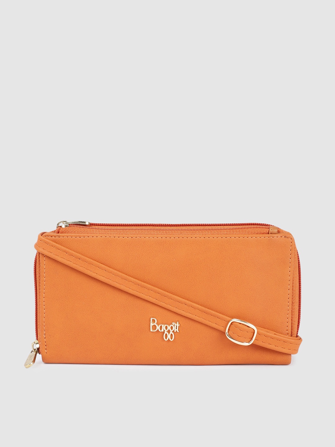 

Baggit Women Solid PU Zip Around Wallet With Sling Strap, Orange
