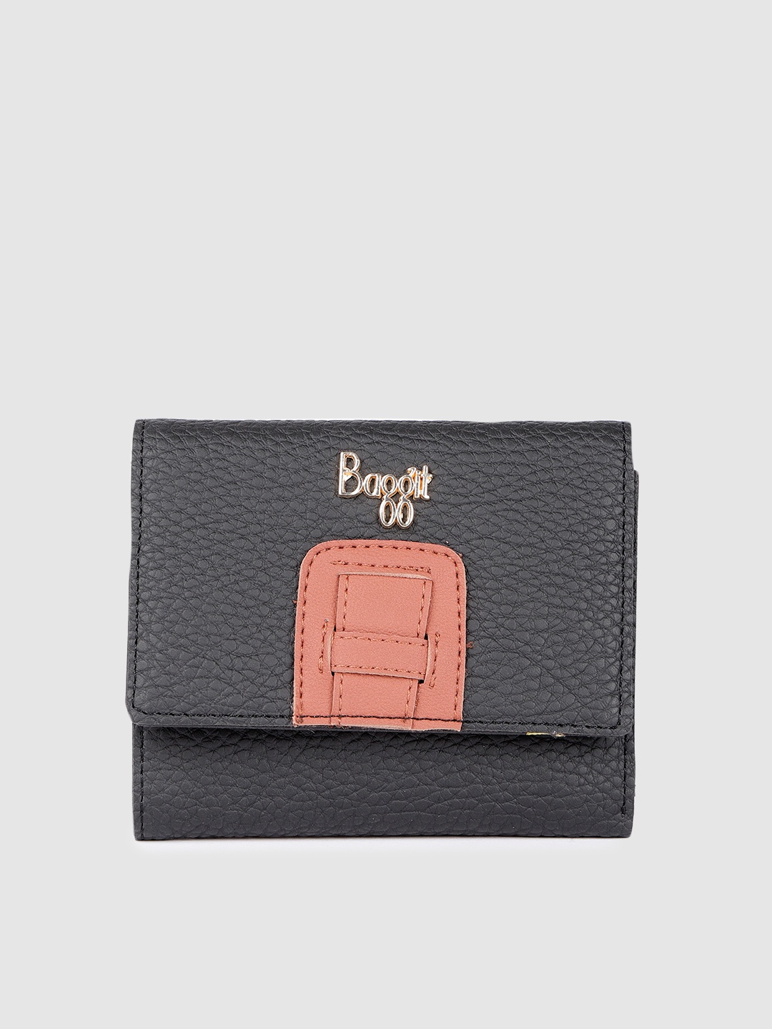 

Baggit Women Black & Pink Textured Three Fold Wallet