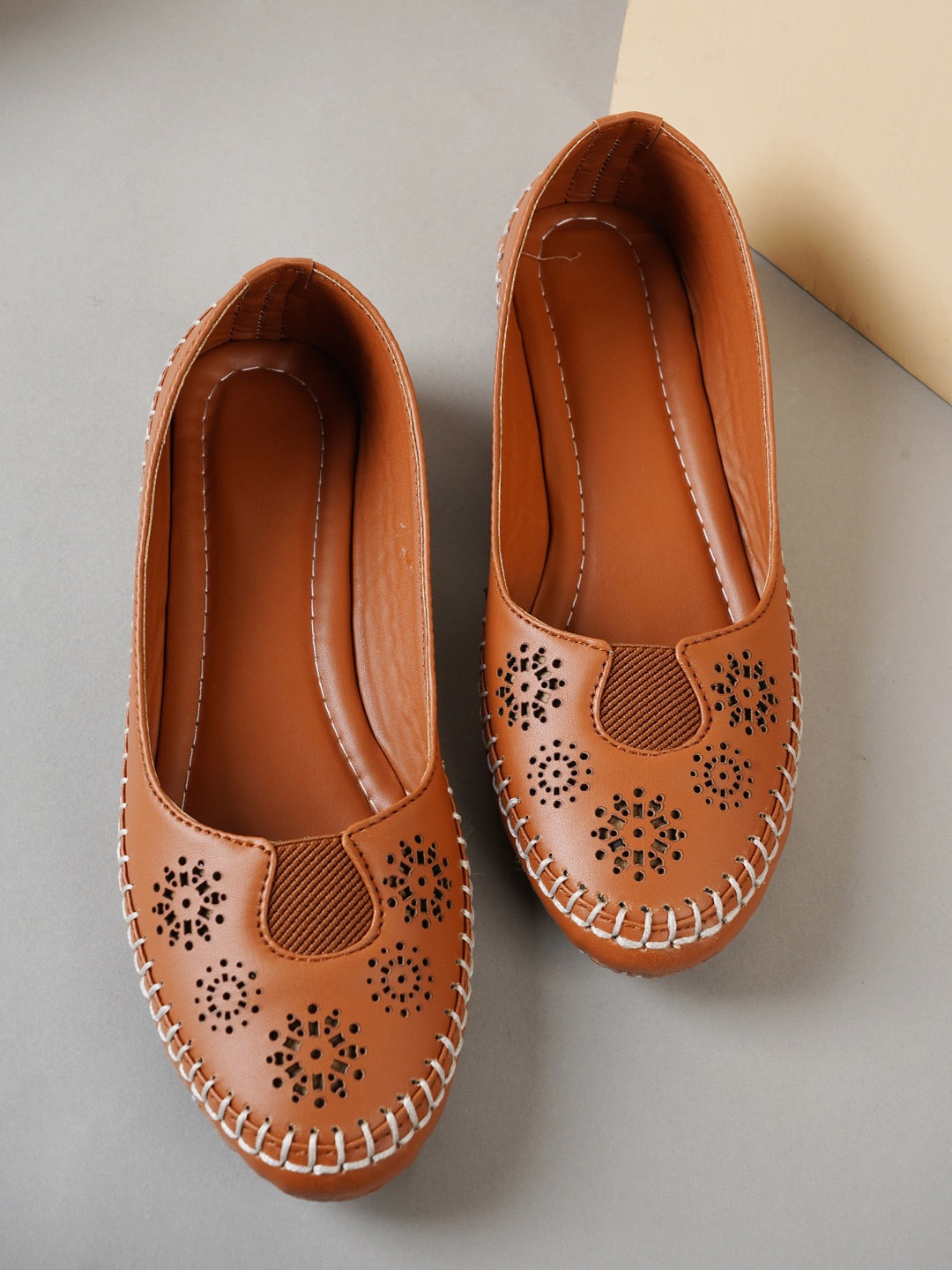 

Style Shoes Women Tan Laser Cuts Ethnic Ballerinas