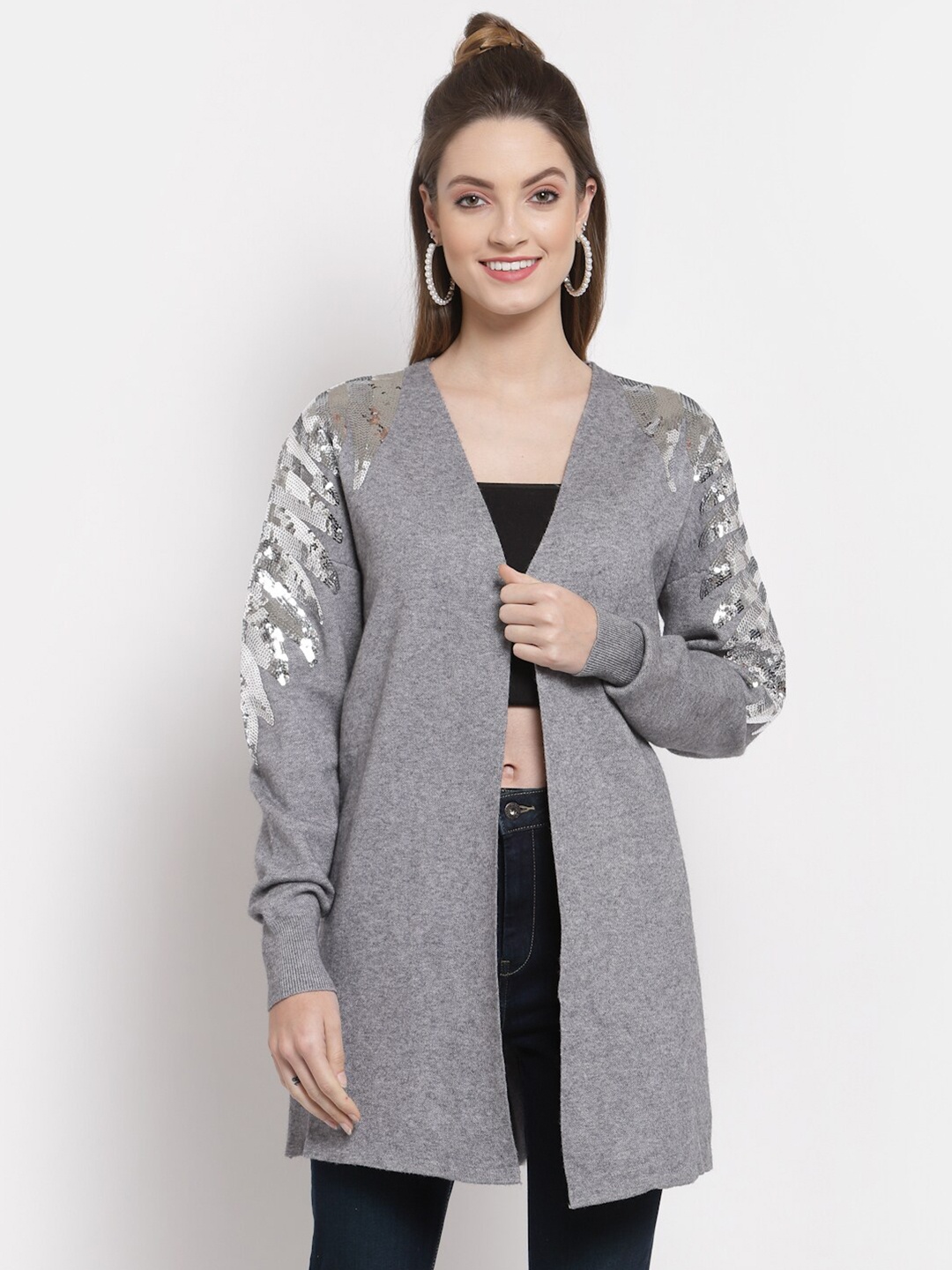 

Mafadeny Women Embellished Longline Shrug, Grey