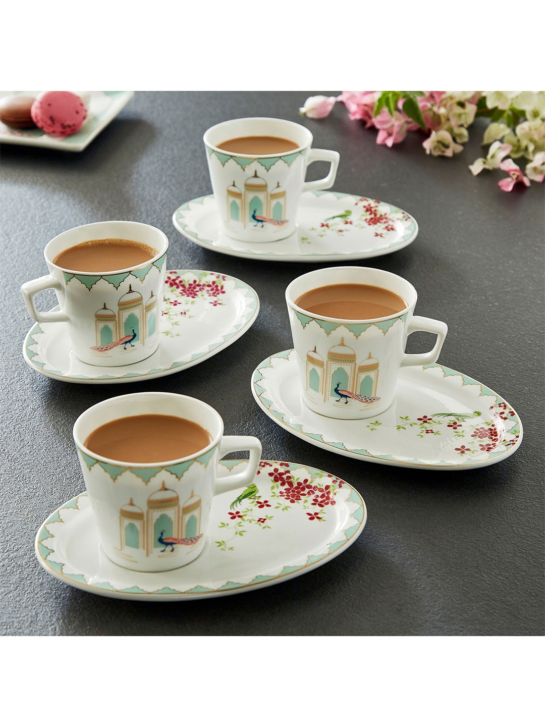 

Home Centre White & Red Set Of 4 Printed Bone China Glossy Cups and Saucers 210 ml Each