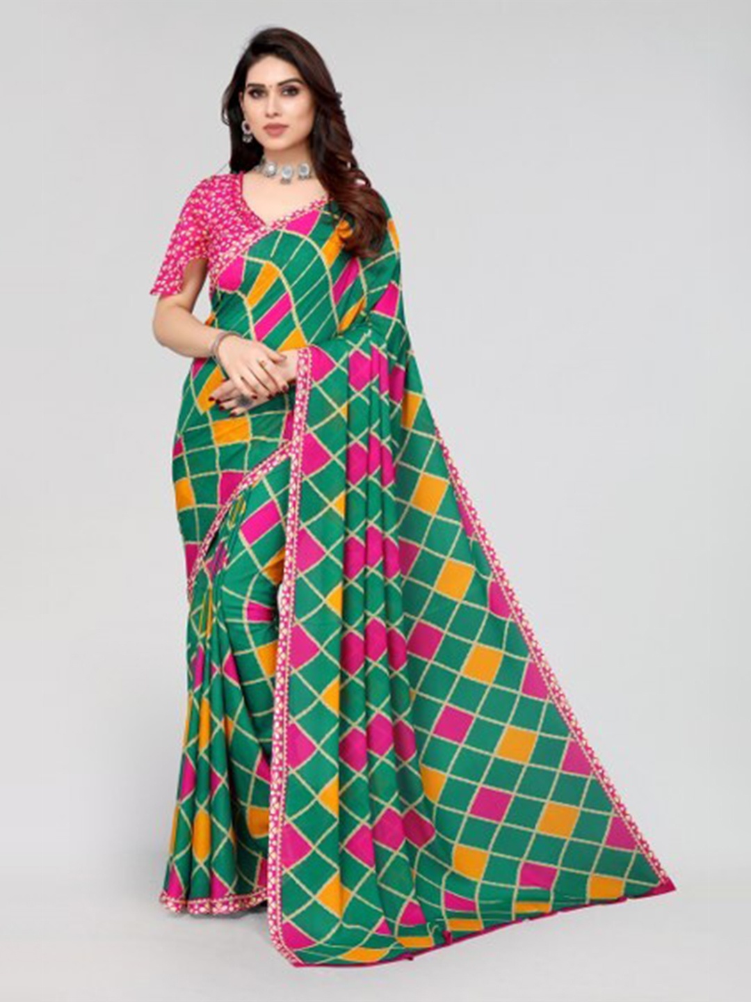 

Yashika Green & Pink Printed Saree